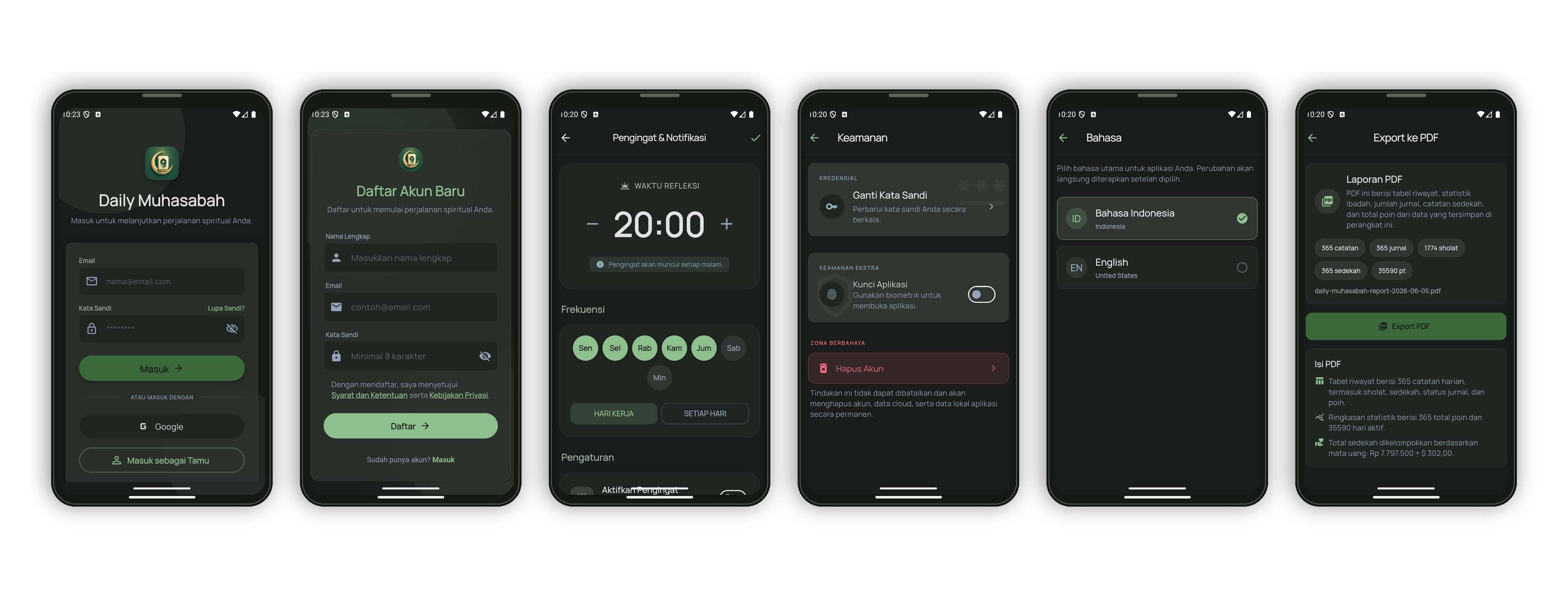 Daily Muhasabah authentication, notification, security, language, and export screens
